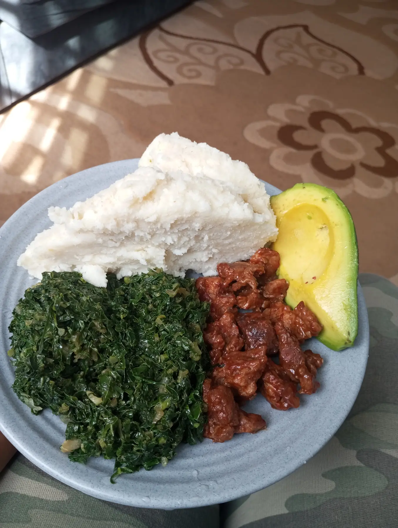 ugali greens with pork and avocado
